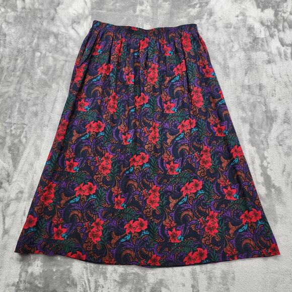 Vintage Sag Harbor Skirt Womens L Black Red Floral Pull On Pleated Midi Pockets - Picture 1 of 8